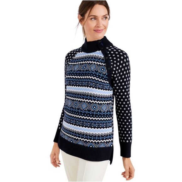 Talbots Sweaters - T Talbots Fair Isle Sweater Women’s Size XL Thermolite Navy Blue Mock Neck Snap